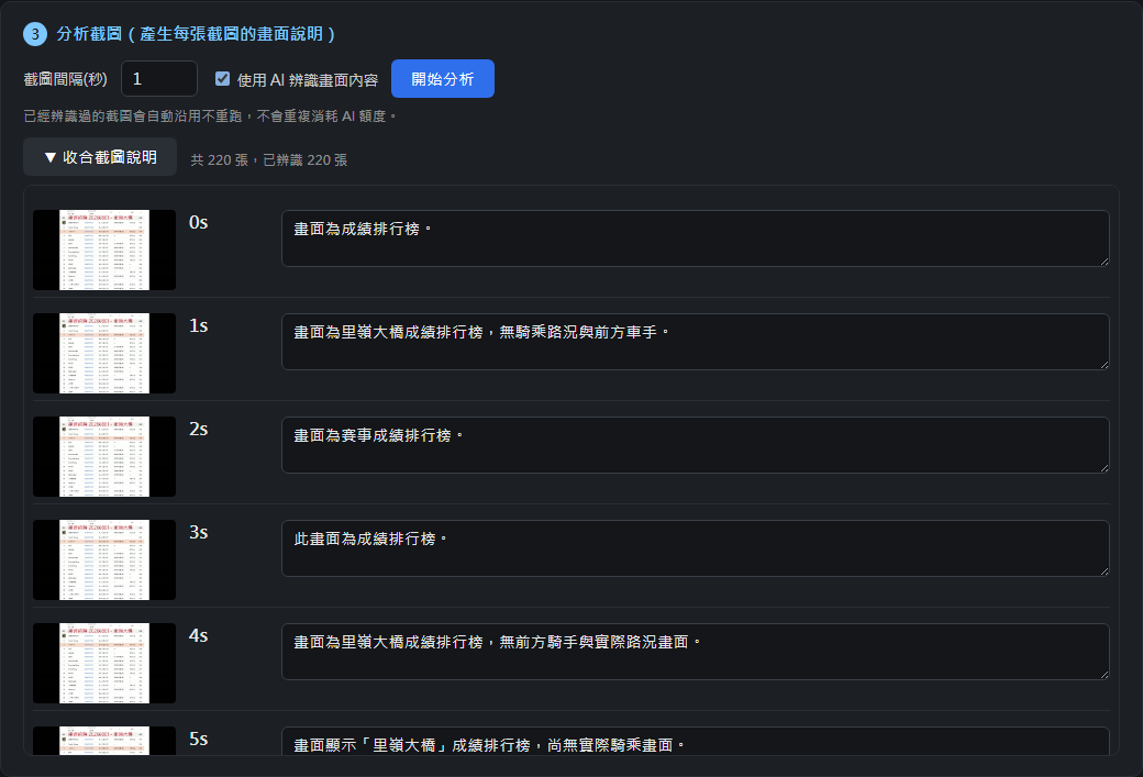 展開的截圖說明清單，每列有縮圖+秒數+可編輯文字